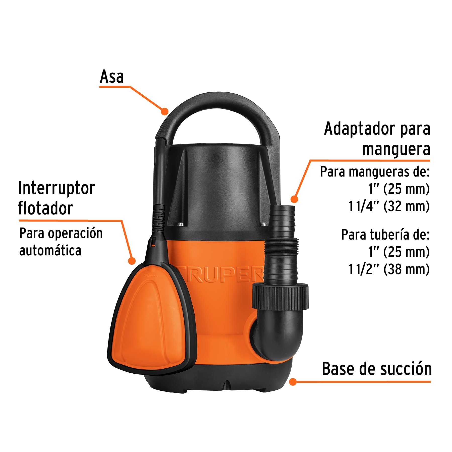 BOMBA SUMERGIBLE PLÁSTICA PARA AGUA LIMPIA 1/2 HP, TRUPER 12601