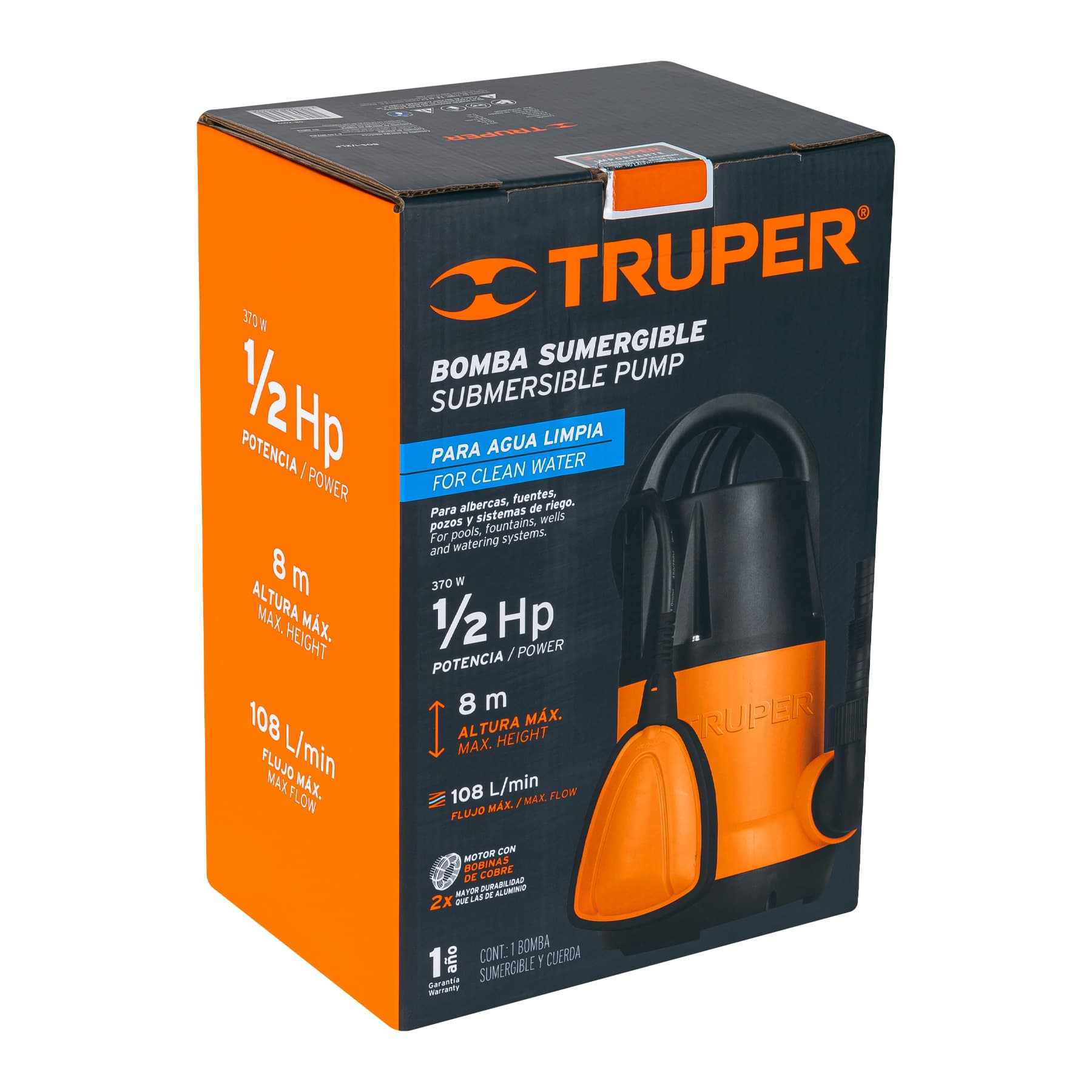 BOMBA SUMERGIBLE PLÁSTICA PARA AGUA LIMPIA 1/2 HP, TRUPER 12601