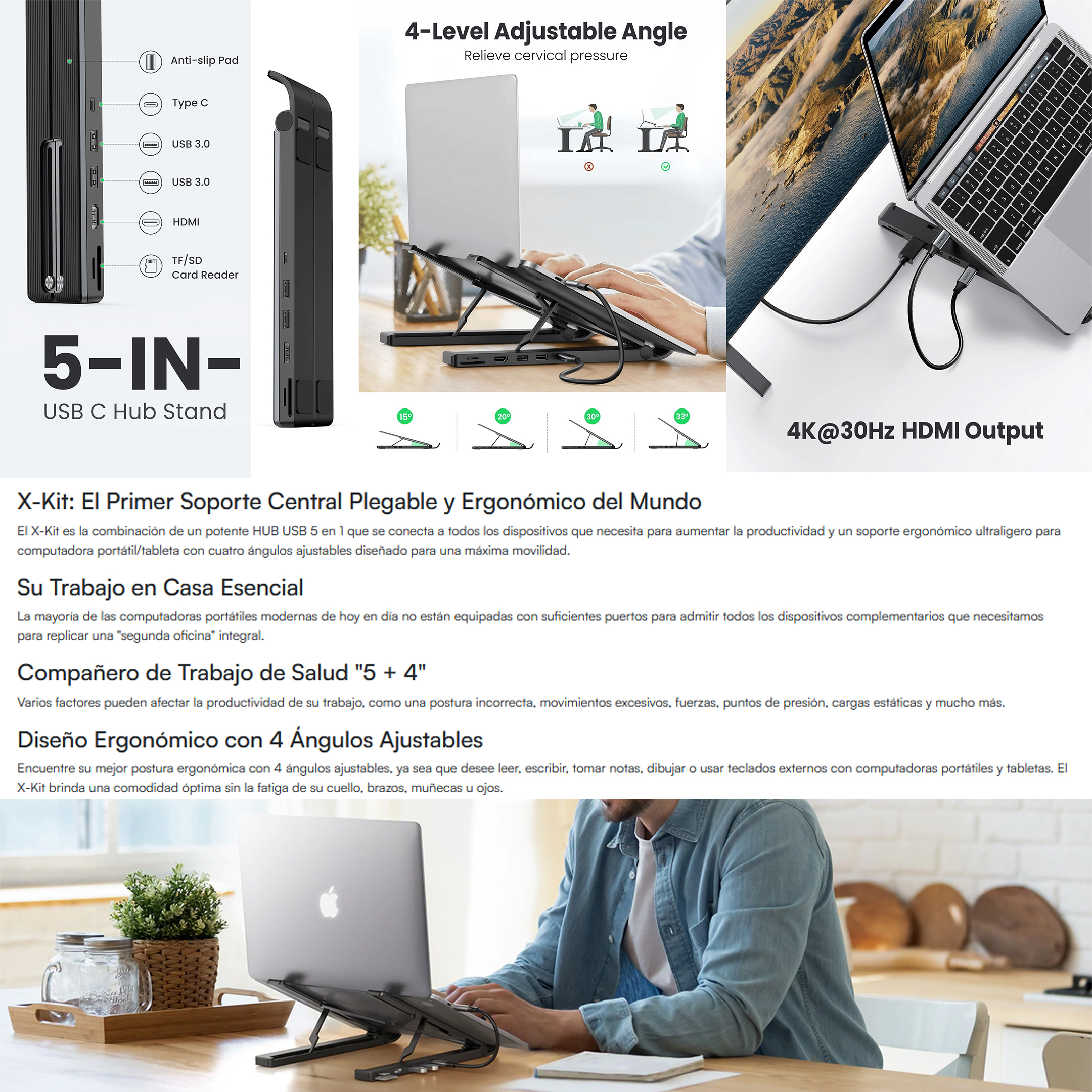 Estación De Acoplamiento Hub Con Soporte Para Laptop Hdmi 4k A 30hz