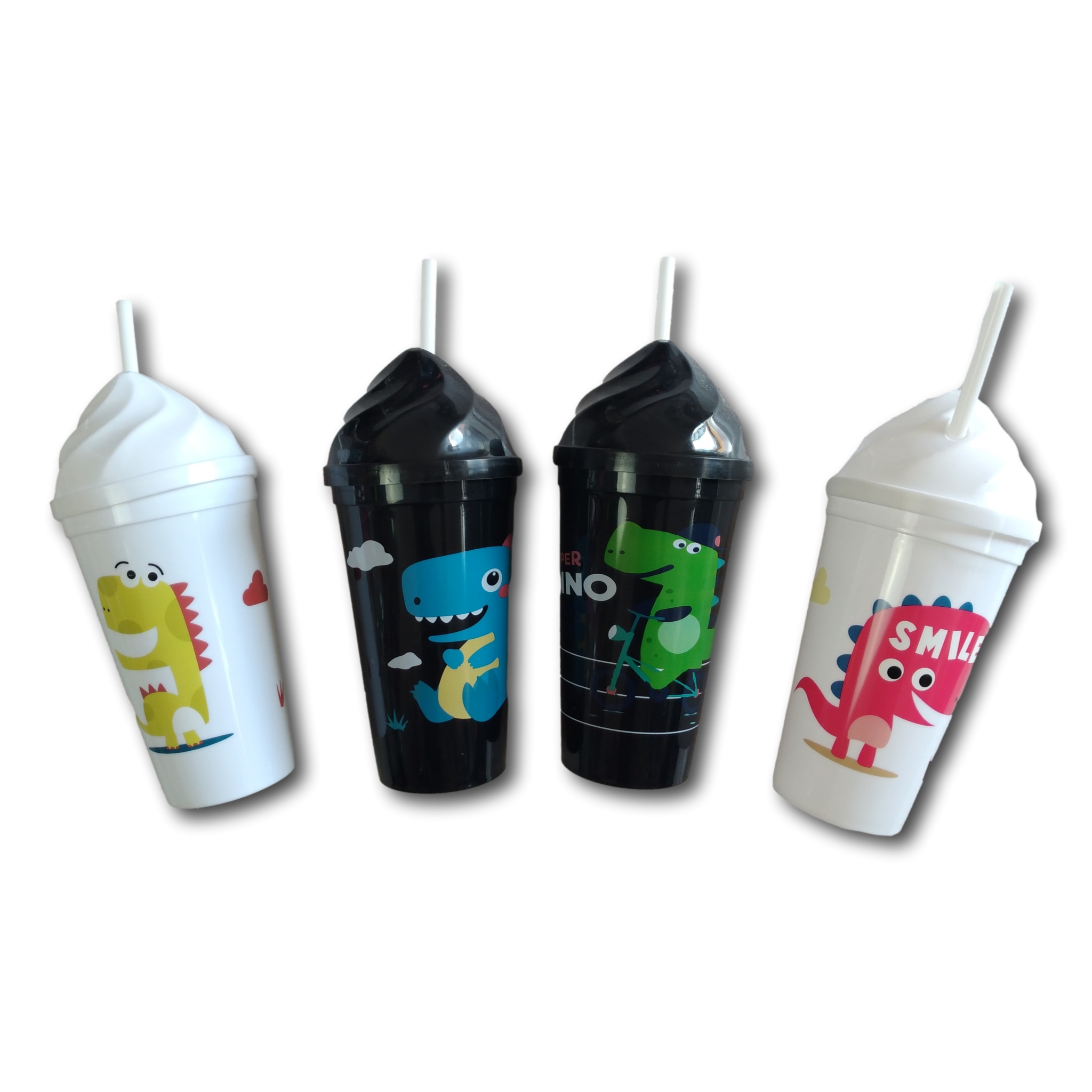 4 Vasos De Plástico Con Popote Figuras Dinosaurio Para Niño