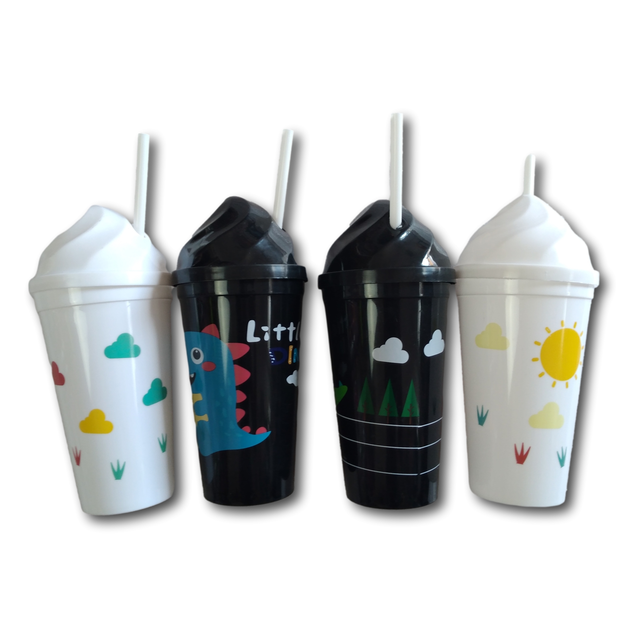 4 Vasos De Plástico Con Popote Figuras Dinosaurio Para Niño