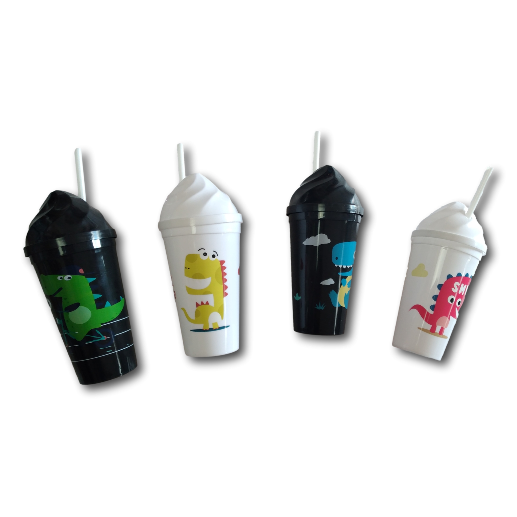 4 Vasos De Plástico Con Popote Figuras Dinosaurio Para Niño