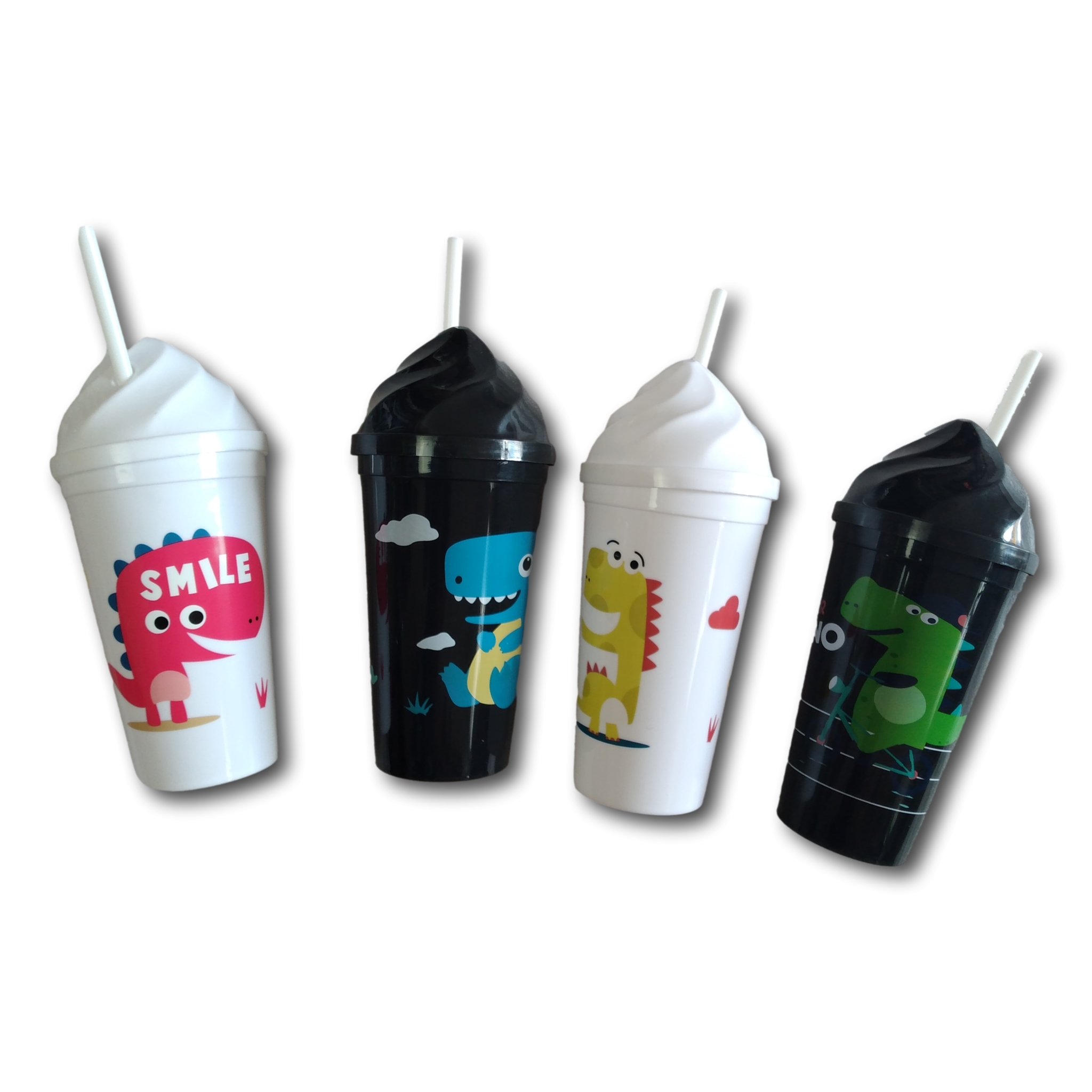 4 Vasos De Plástico Con Popote Figuras Dinosaurio Para Niño