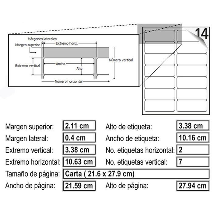 Etiqueta Adhesiva de Calidad, MXPTA-001-3, 20 Hojas en 1 Paquetes, 14 Etiquetas por Hoja, 34x102mm, T/Carta, Blanco Mate,, LabelMiniUltra