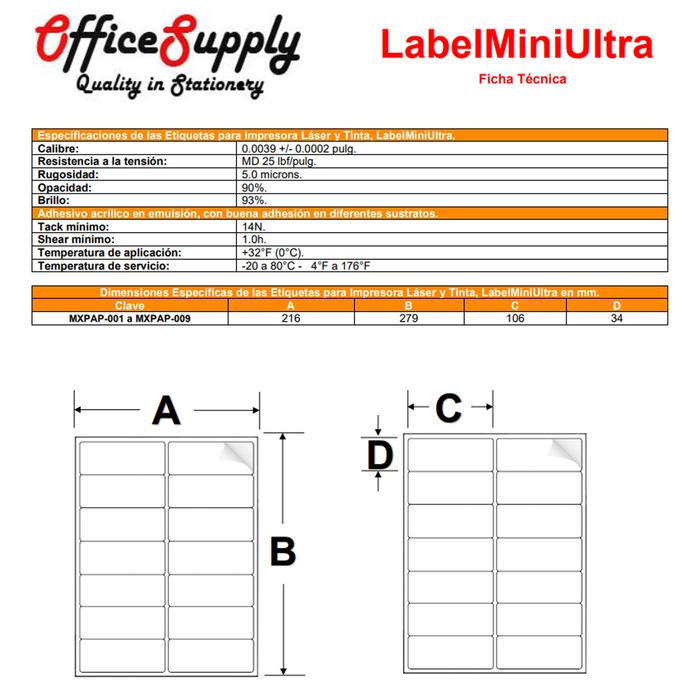 Etiqueta Adhesiva de Calidad, MXPTA-001-3, 20 Hojas en 1 Paquetes, 14 Etiquetas por Hoja, 34x102mm, T/Carta, Blanco Mate,, LabelMiniUltra