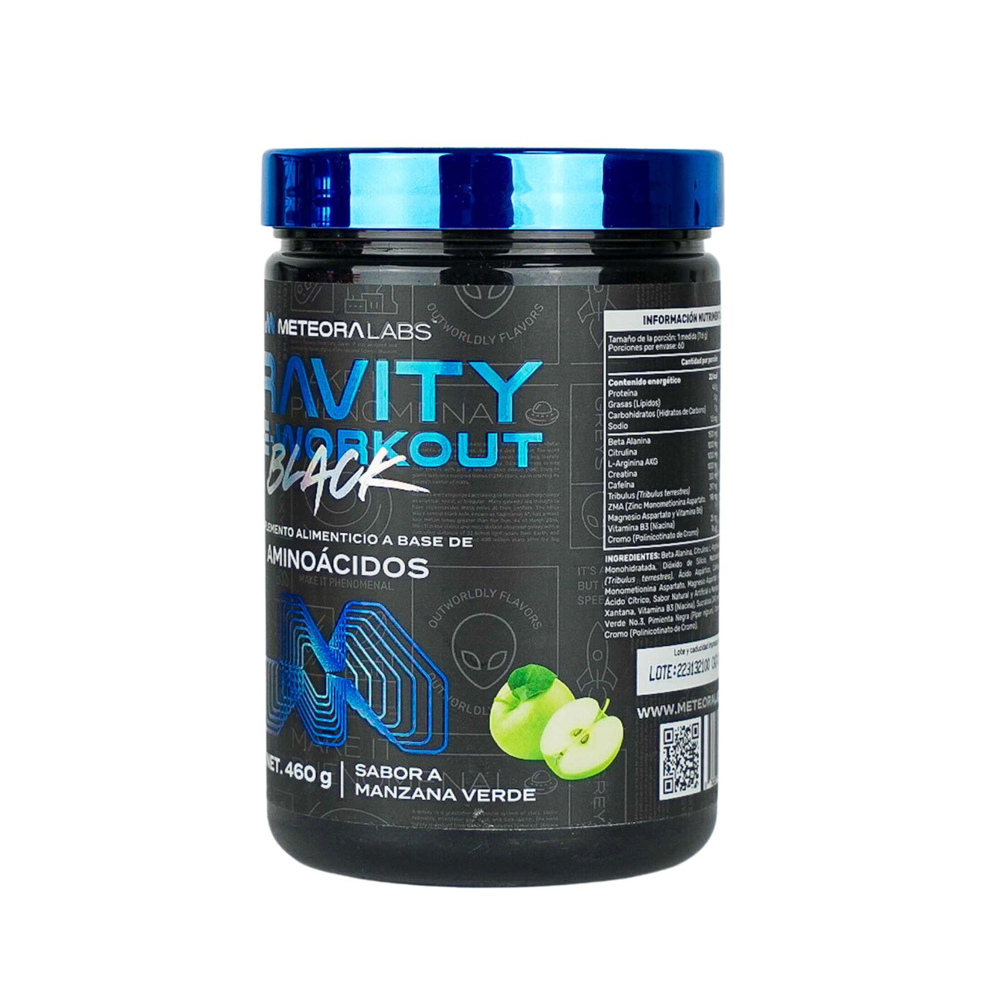 METEORA LABS | Gravity BLACK Test | Pre-Workout con Tribulus, ZMA, Ácido aspártico | Suplemento Alimenticio en Polvo para preparar Bebidas Energéticas | 460 g | 60 porciones por envase | Sabor a Manzana Verde