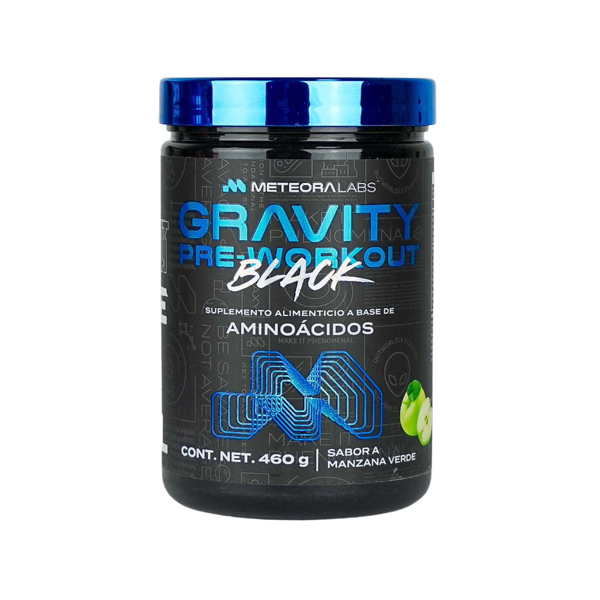 METEORA LABS | Gravity BLACK Test | Pre-Workout con Tribulus, ZMA, Ácido aspártico | Suplemento Alimenticio en Polvo para preparar Bebidas Energéticas | 460 g | 60 porciones por envase | Sabor a Manzana Verde