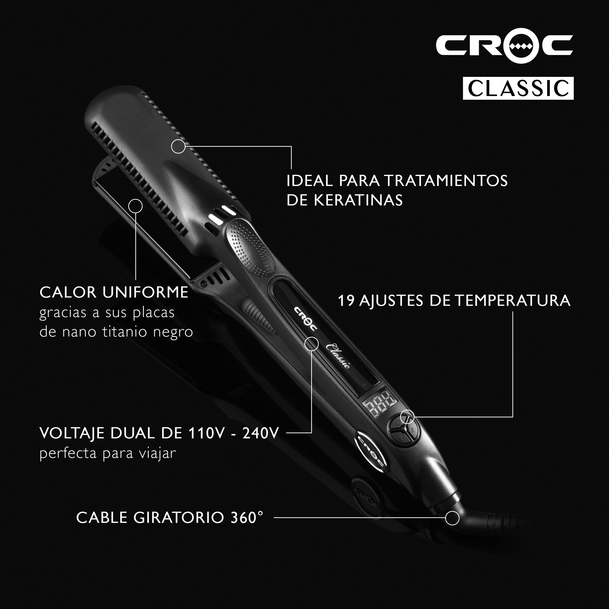 Alaciadora para cabello CROC Classic, Ideal para tratamientos de Keratina