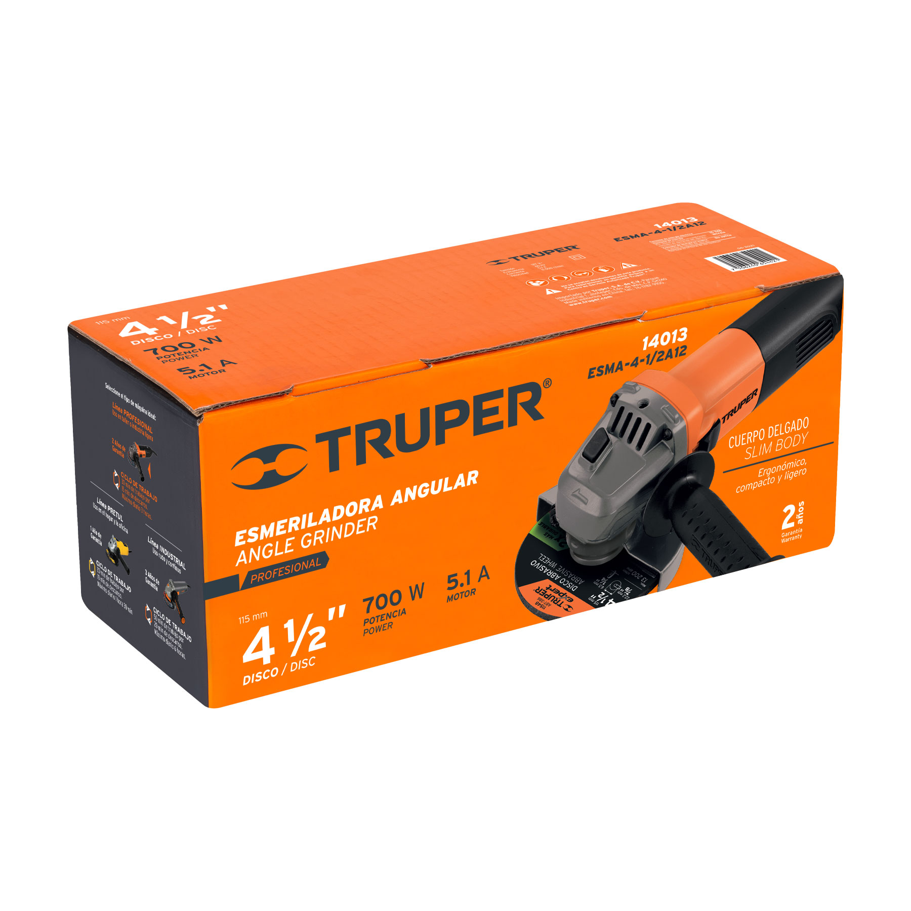 ESMERILADORA ANGULAR 4-1/2" 700 W, PROFESIONAL, TRUPER 14013	