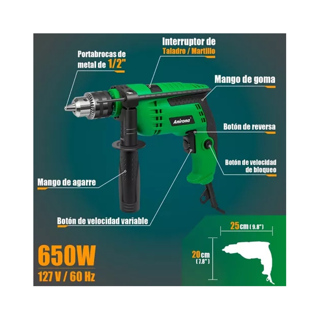 Taladro Rotomartillo 1/2'' Prof 650w Anirona Rd650 C/brocas