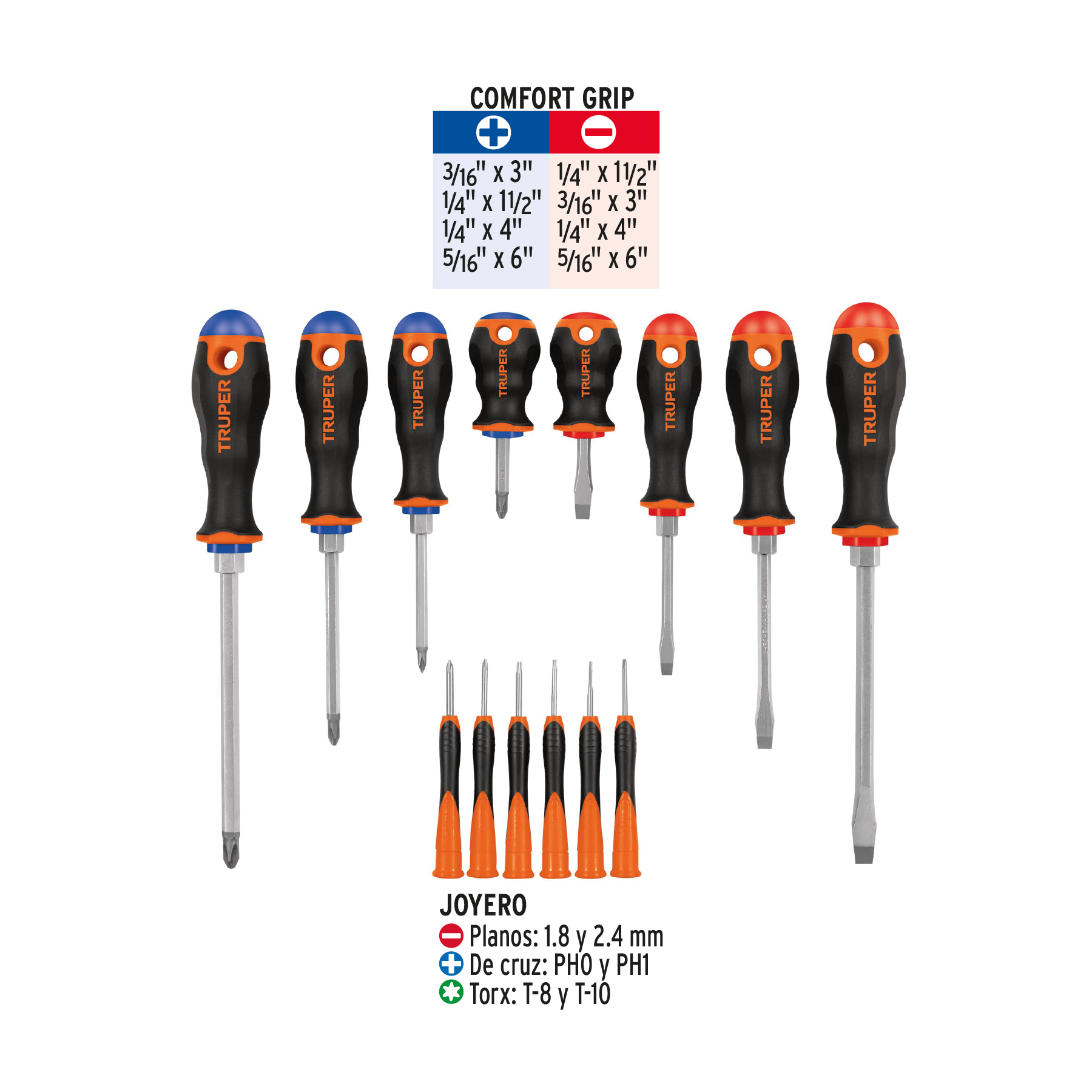 JUEGO DE 8 DESARMADORES MANGO COMFORT GRIP Y 6 DE JOYERO TRUPER 14197