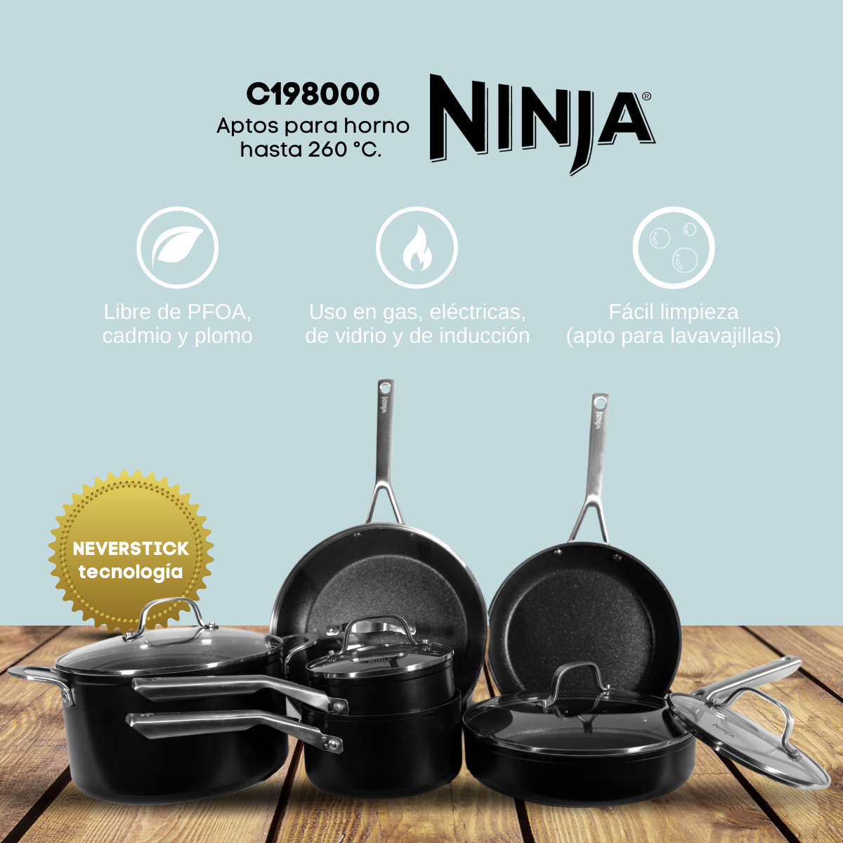Ninja Foodi Bateria de Cocina NeverStick Essential 10 Piezas C19700 Negro