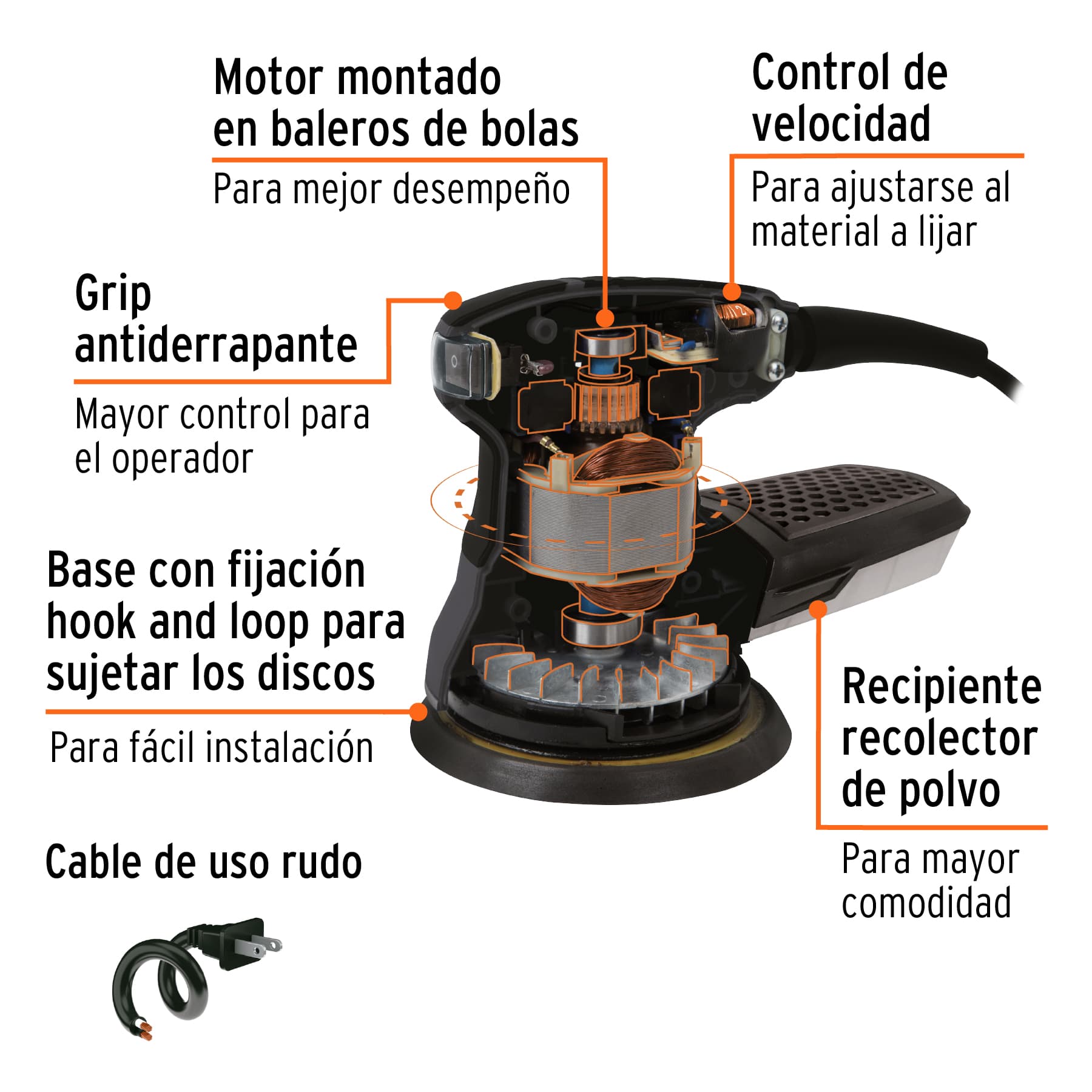 Lijadora roto orbital 5 260 W, industrial, Truper, Lijadoras  Roto-Orbitales, 15399