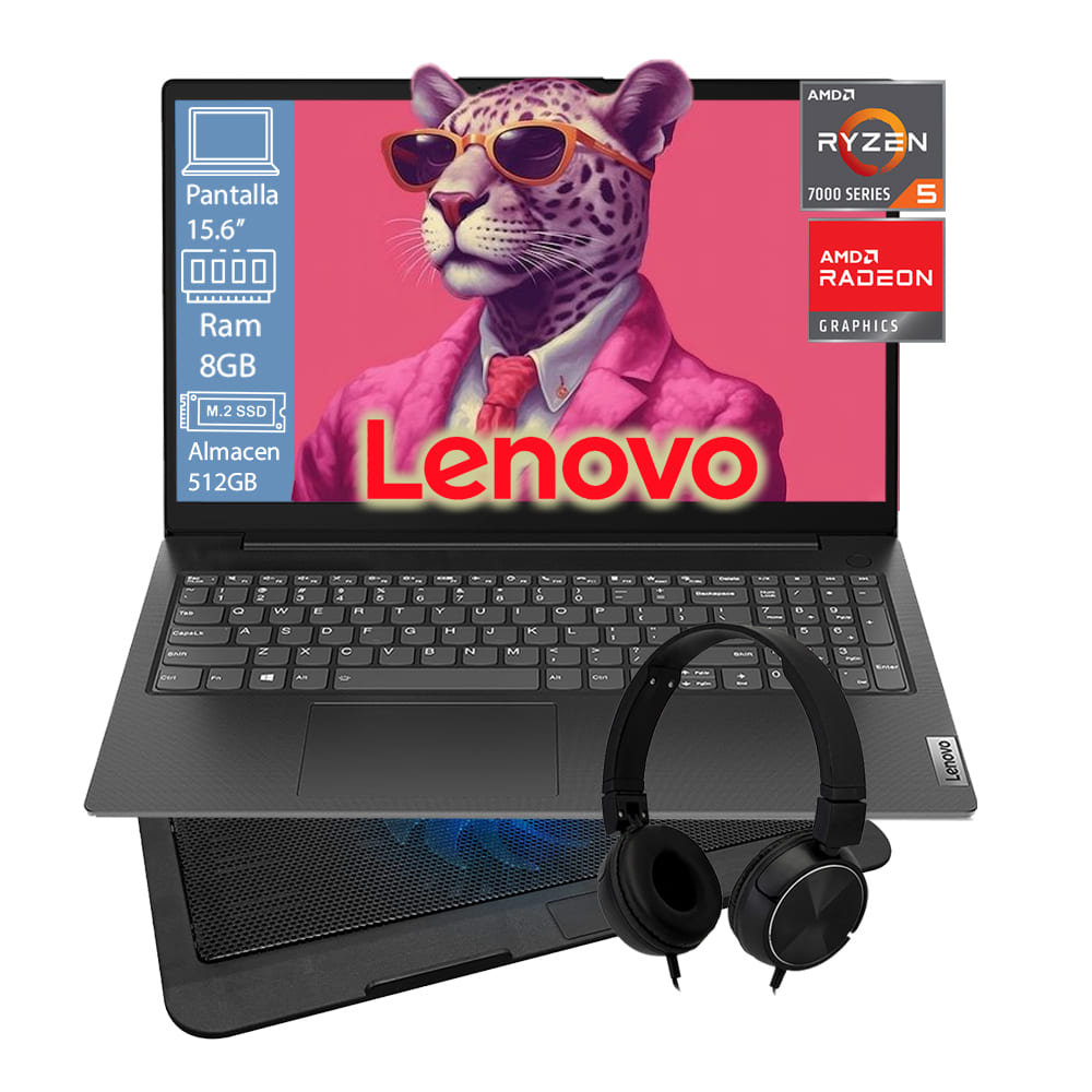 Laptop Lenovo V15 G4 Ryzen 5-7520u Ram 8GB Disco SSD 512GB Pantalla 15.6'' Windows 11 - Negro + Base Enfriadora + Audifono