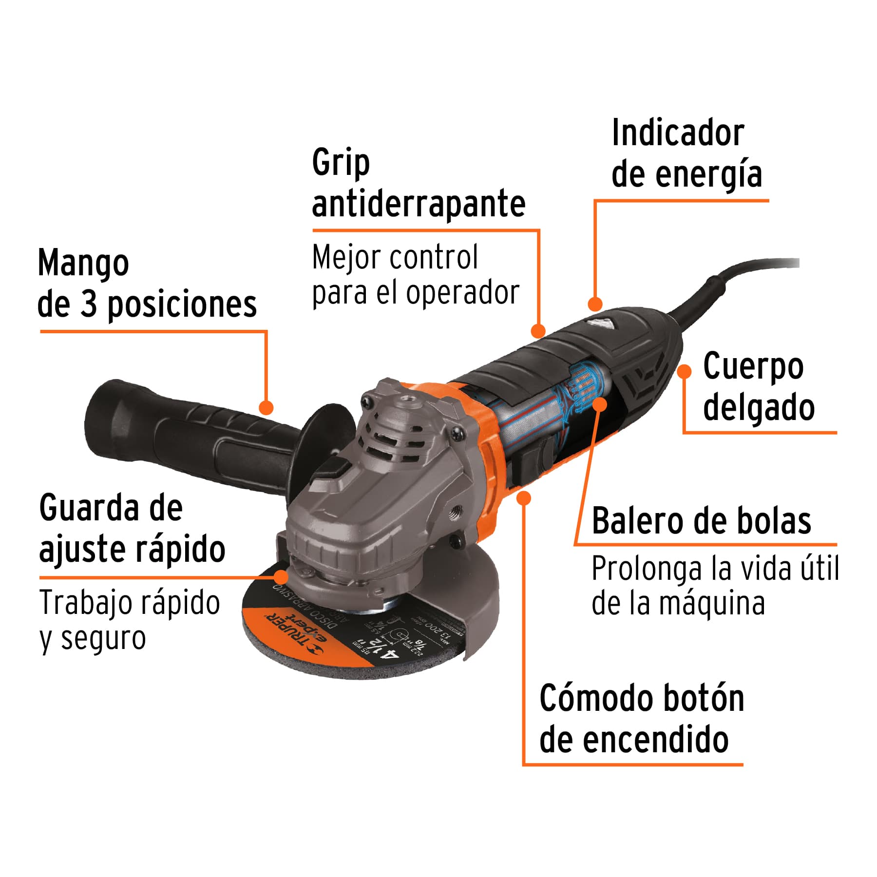 ESMERILADORA ANGULAR 4-1/2" 850 W, ERGO-PRO, TRUPER 18156