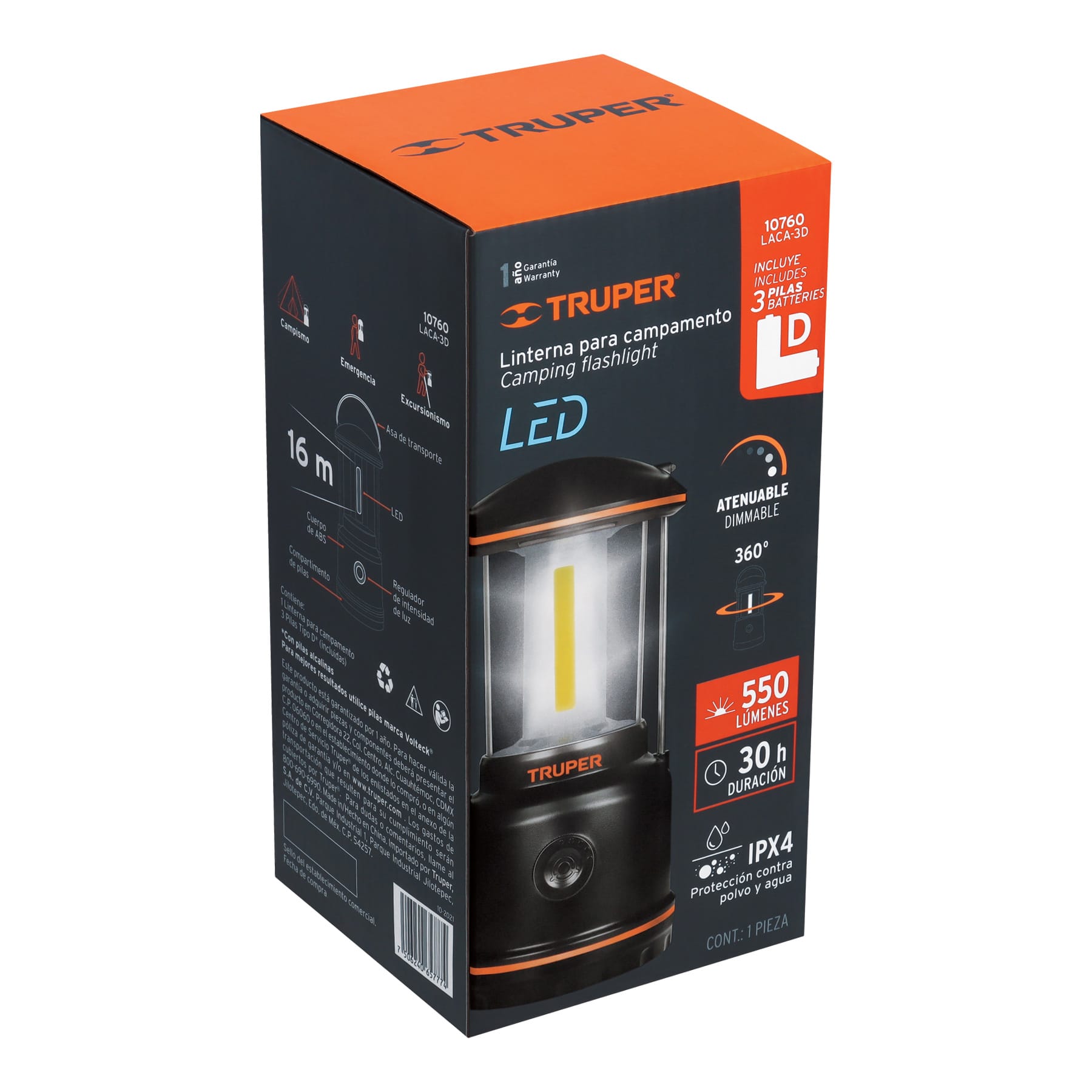 LINTERNA DE LED PARA CAMPAMENTO, TIPO FAROL, DE PILAS 3 D TRUPER 10760