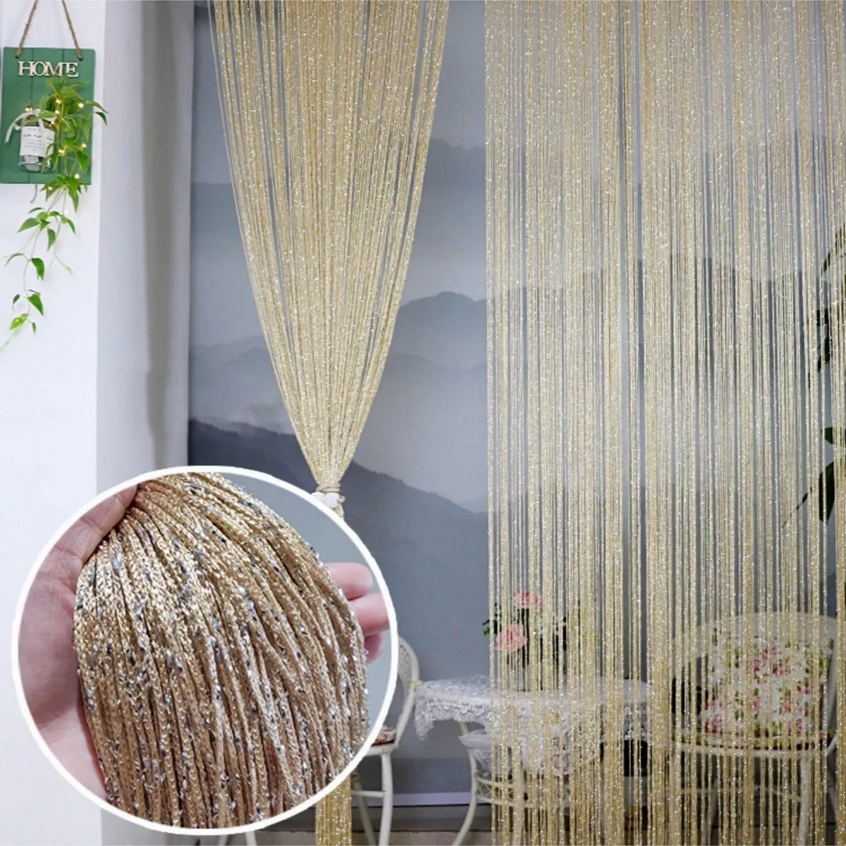 Cortinas De Hilo Decorativas Con Flecos Puerta Brillante 2p 