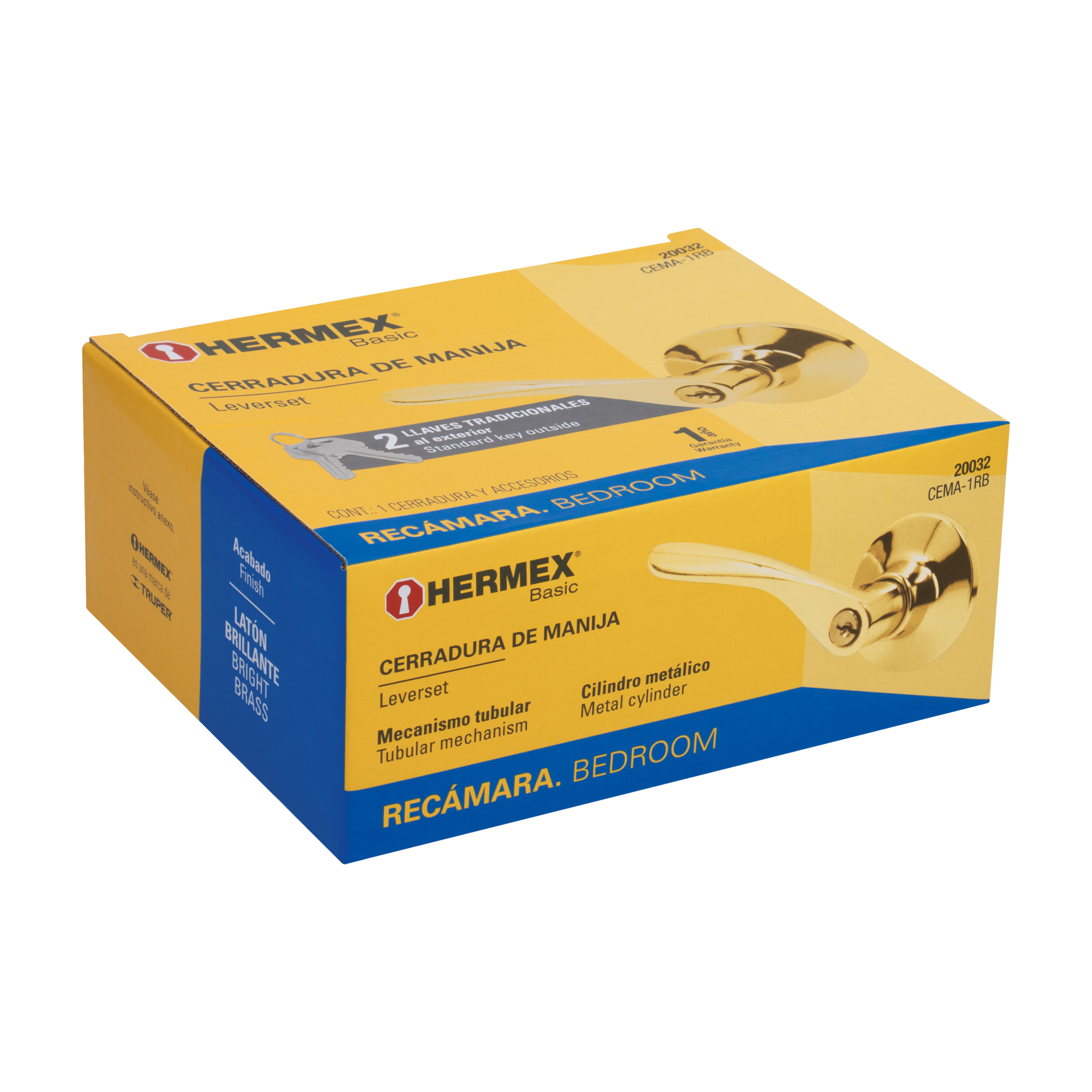 CERRADURA MANIJA RECÁMARA LATÓN BRILLANTE, CIL METAL, HERMEX 20032