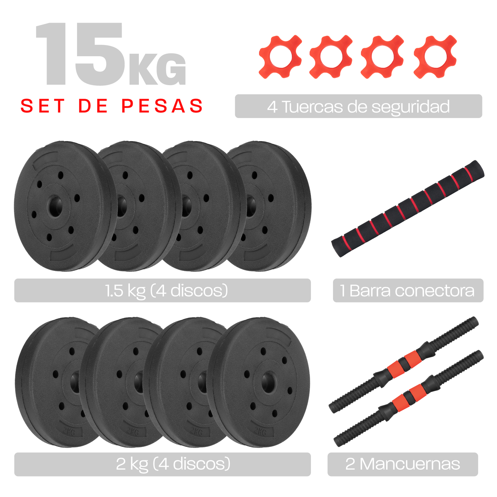 Pesa Ajustable Altera 15KG Multifuncional 4 en 1 Barra Recta + Par de Mancuernas Discos de Diferentes Pesos