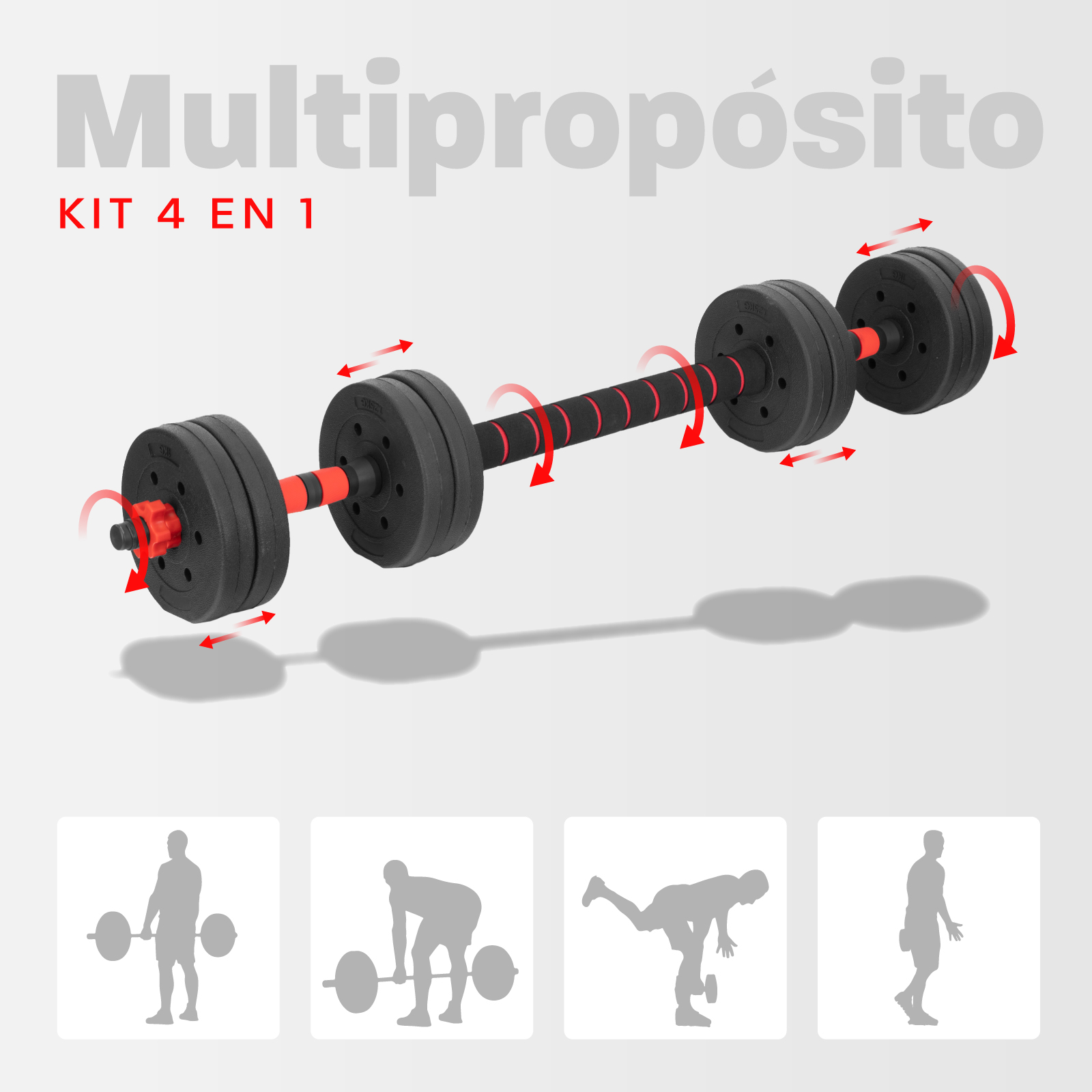 Pesa Ajustable Altera 15KG Multifuncional 4 en 1 Barra Recta + Par de Mancuernas Discos de Diferentes Pesos