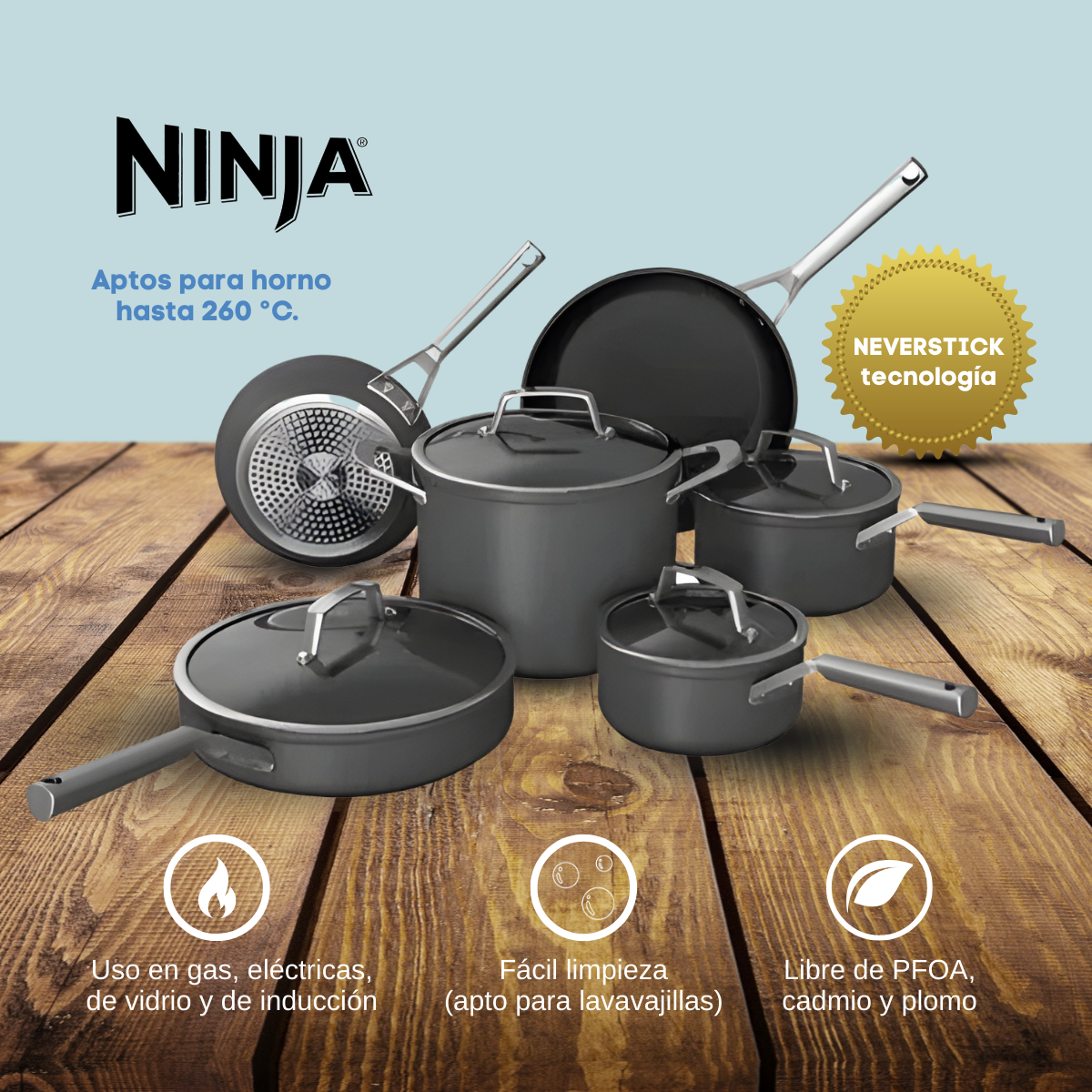 NINJA Batería de Cocina 10 piezas Cookware Set Ninja Foodi NeverStick C39500