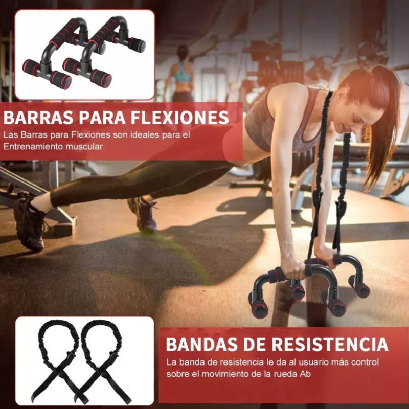 Kit Rodillo Abdominal Barras Push-up Cuerda Ejercitador Mano.