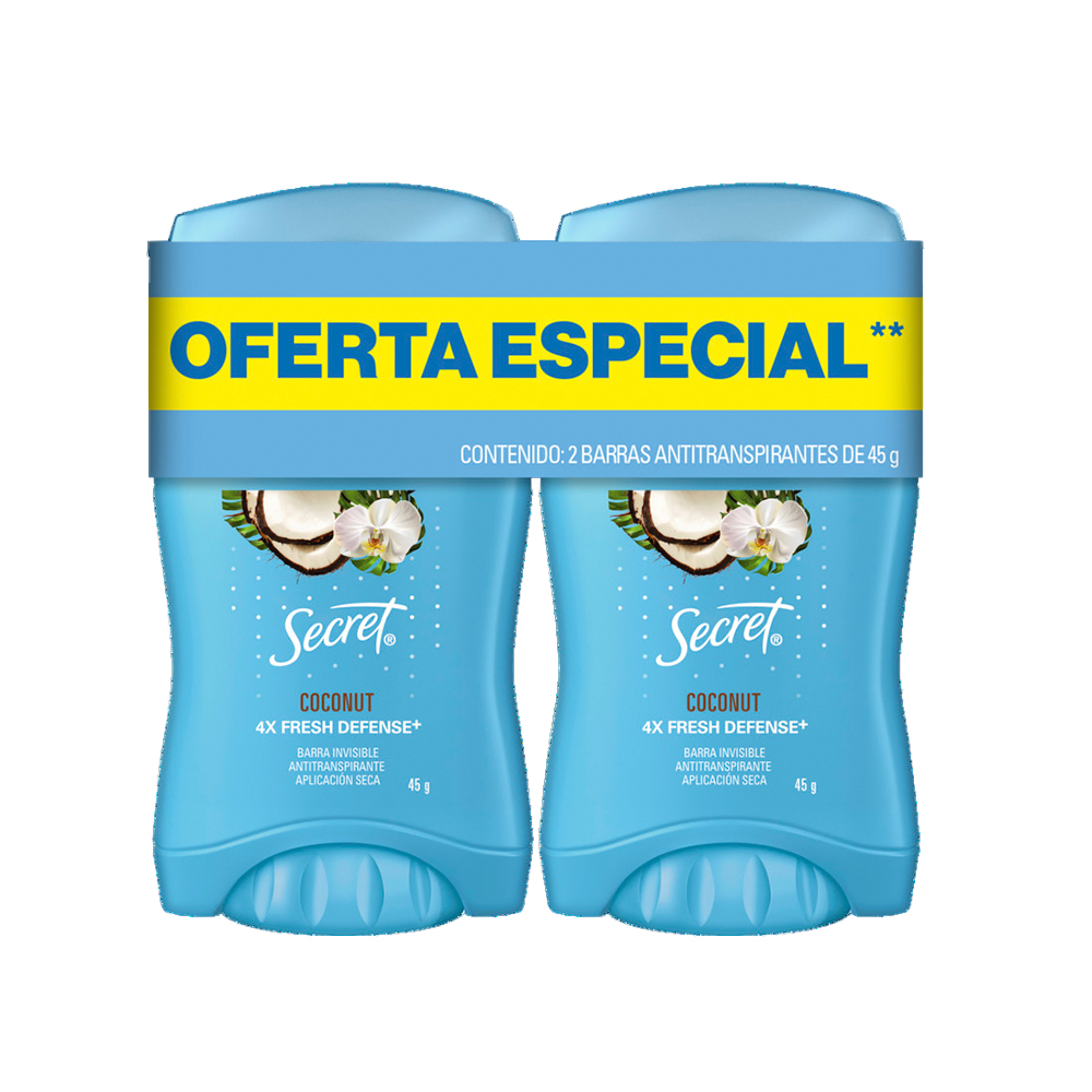 6 Packs de 2 piezas c/u de Secret Coconut Barra Invisible Antitranspirante 45 g.