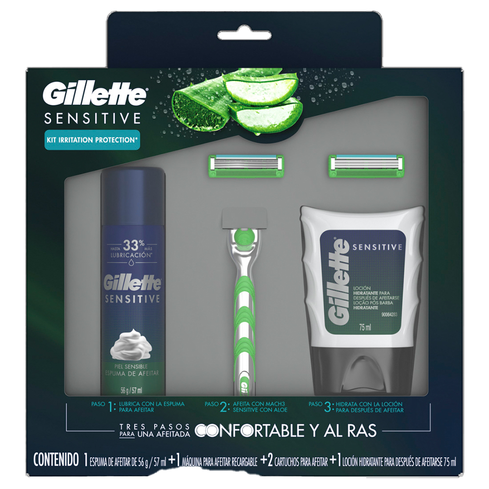 Pack Gillette Sensitive Afeitadora Recargable + 2 Cartuchos Para Afeitar + Gillette Sensitive Espuma De Afeitar 56 g / 57 ml + Sensitive Aftershave