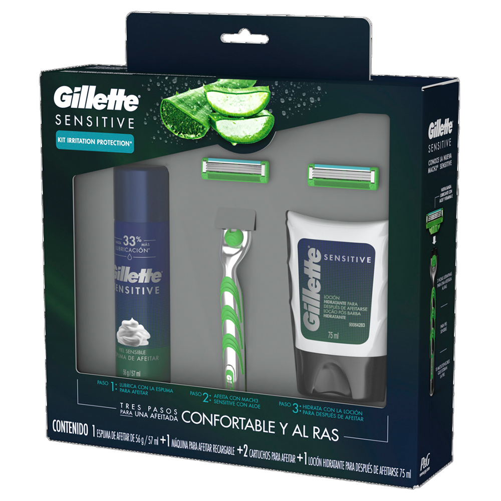 Pack Gillette Sensitive Afeitadora Recargable + 2 Cartuchos Para Afeitar + Gillette Sensitive Espuma De Afeitar 56 g / 57 ml + Sensitive Aftershave