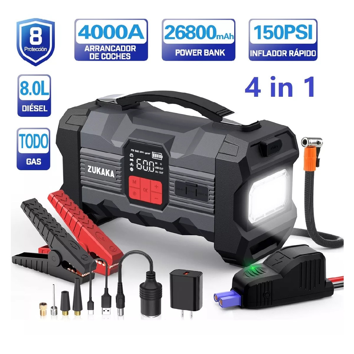 Arrancador De Batería De Auto Portátil 4000a Inflador Rápido