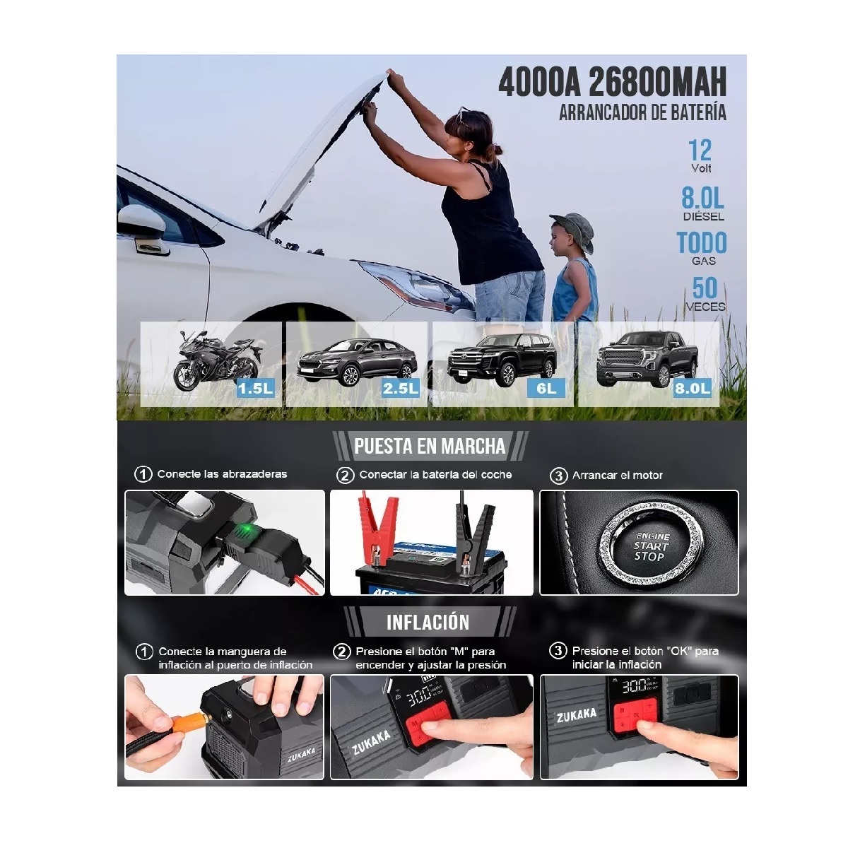 Arrancador De Batería De Auto Portátil 4000a Inflador Rápido