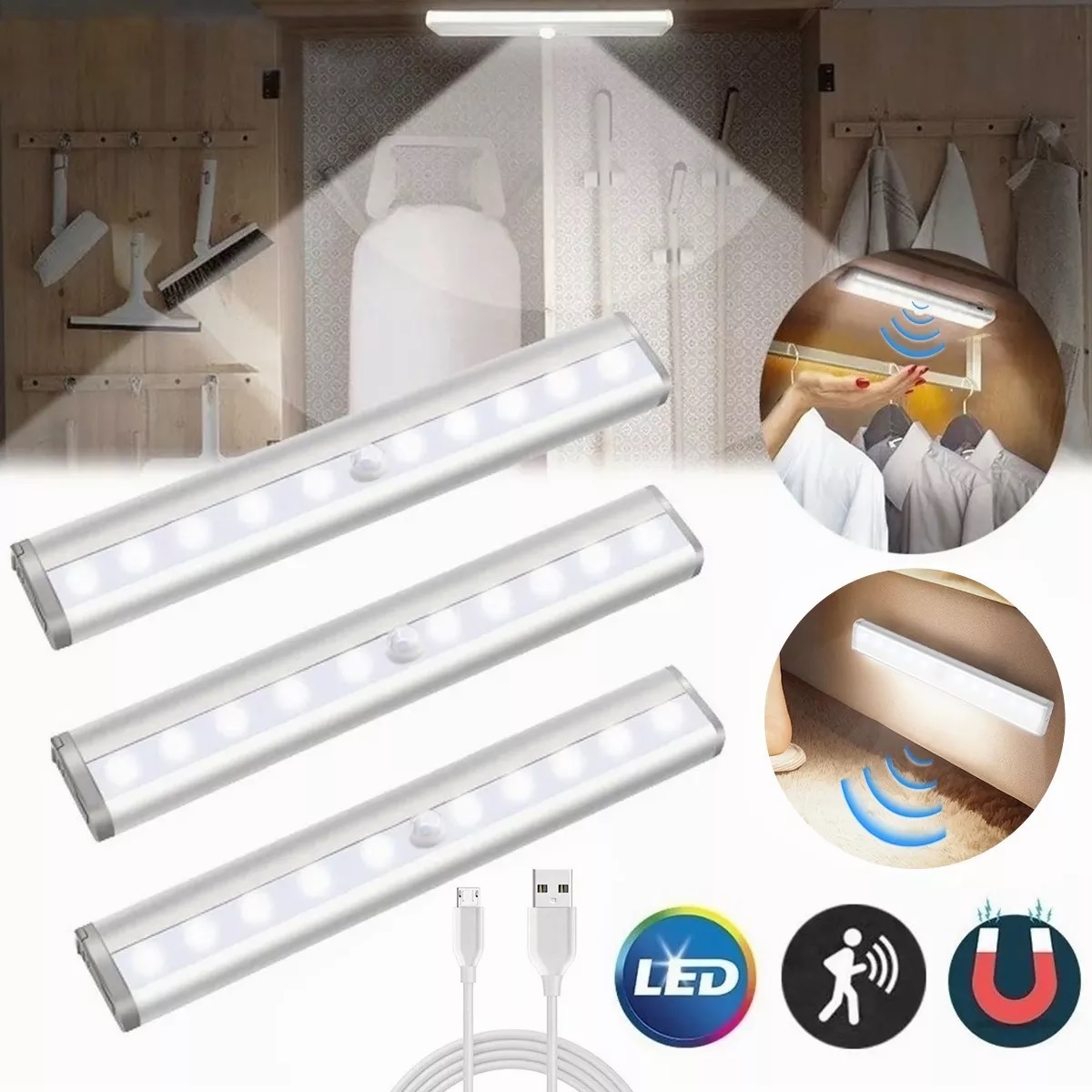 Set Lámpara De Pared Interior Clóset Con Sensor Movimiento 3pcs