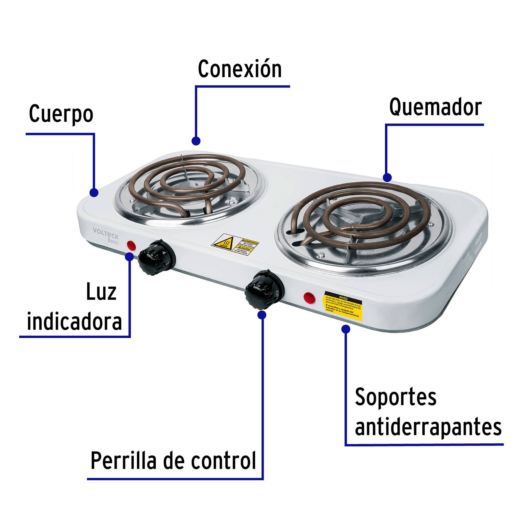 PARRILLA ELÉCTRICA 2 QUEMADORES, RECTANGULAR, VOLTECK BASIC 23032
