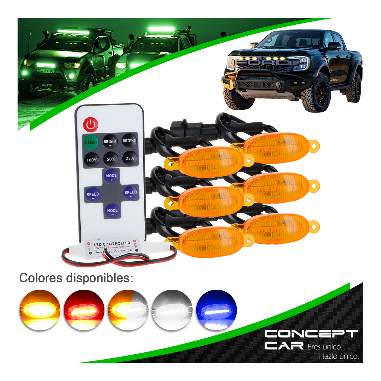 Kit 6 Luces 6 Led Parilla Camioneta Tipo Raptor Con Control