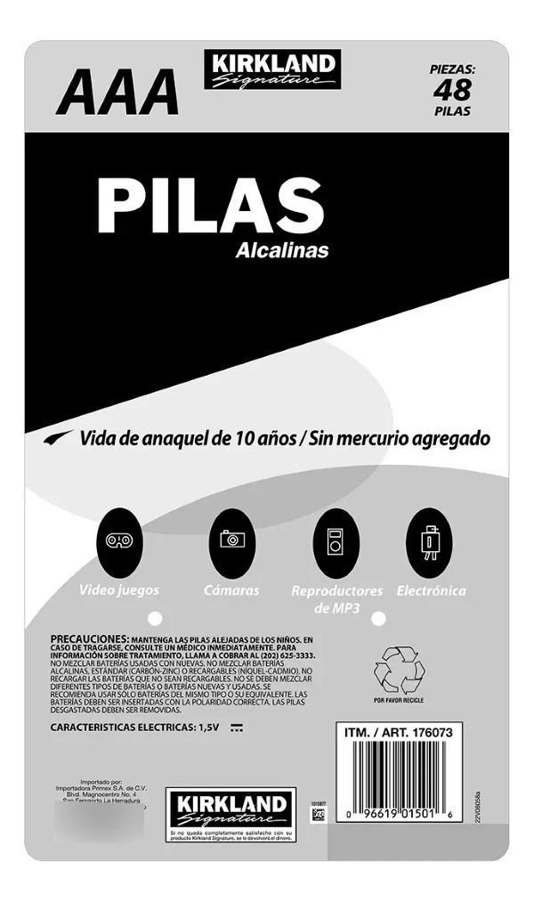 Baterías Alcalinas AAA Kirkland Signature 176073 48 Pzas