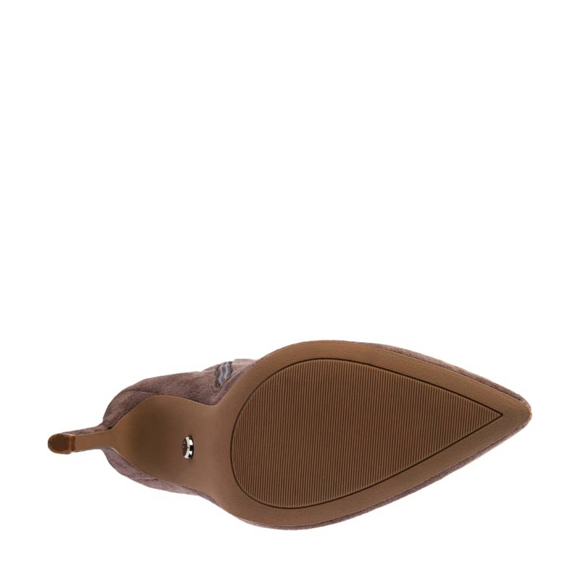 Bota extralarga de ante con arruga en tubo marca Thalia Sodi, color taupé, tacón delgado, 1087427