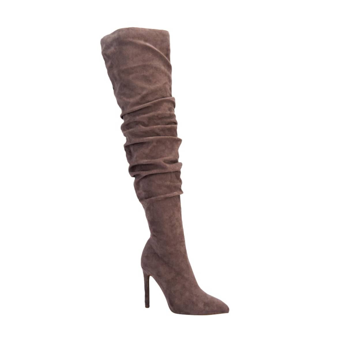Bota extralarga de ante con arruga en tubo marca Thalia Sodi, color taupé, tacón delgado, 1087427