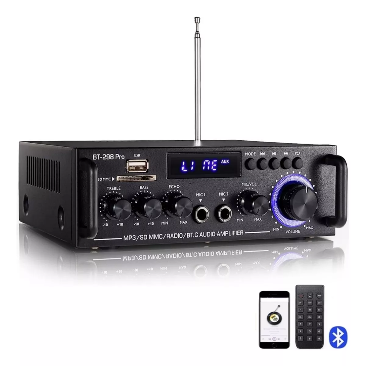 Amplificador De Audio Bt-298pro 800w Con Bluetooth Para Auto