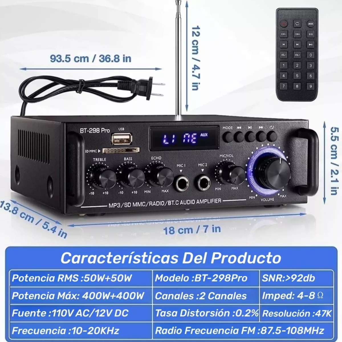 Amplificador De Audio Bt-298pro 800w Con Bluetooth Para Auto