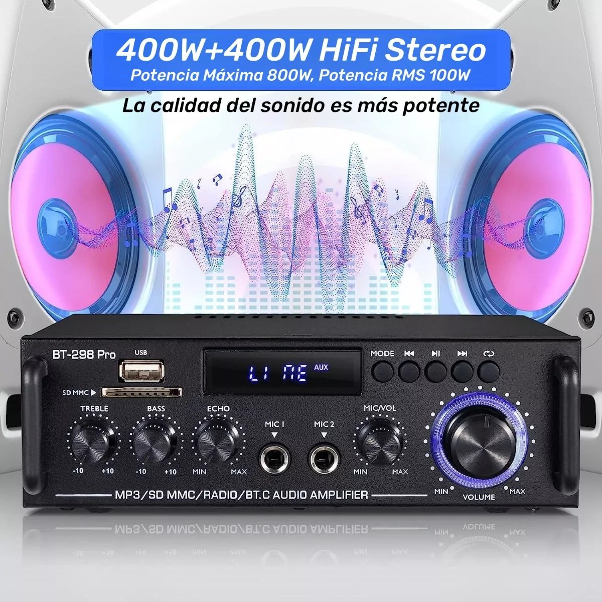 Amplificador De Audio Bt-298pro 800w Con Bluetooth Para Auto