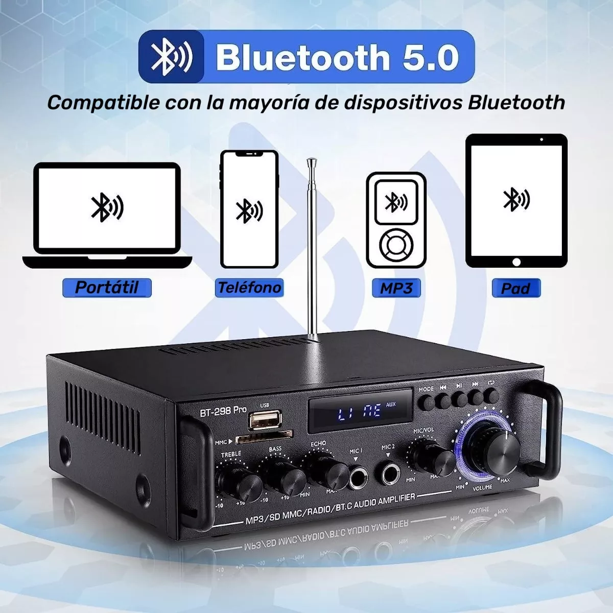 Amplificador De Audio Bt-298pro 800w Con Bluetooth Para Auto