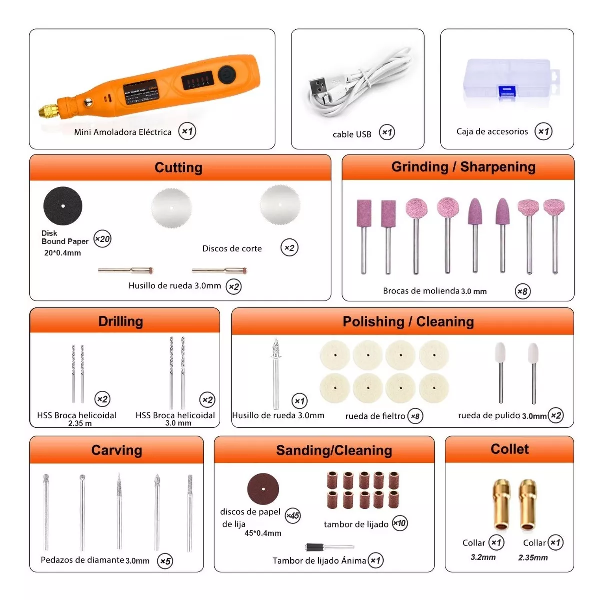 Set Mini Mototool Taladro Pulido  Accesorios Naranja