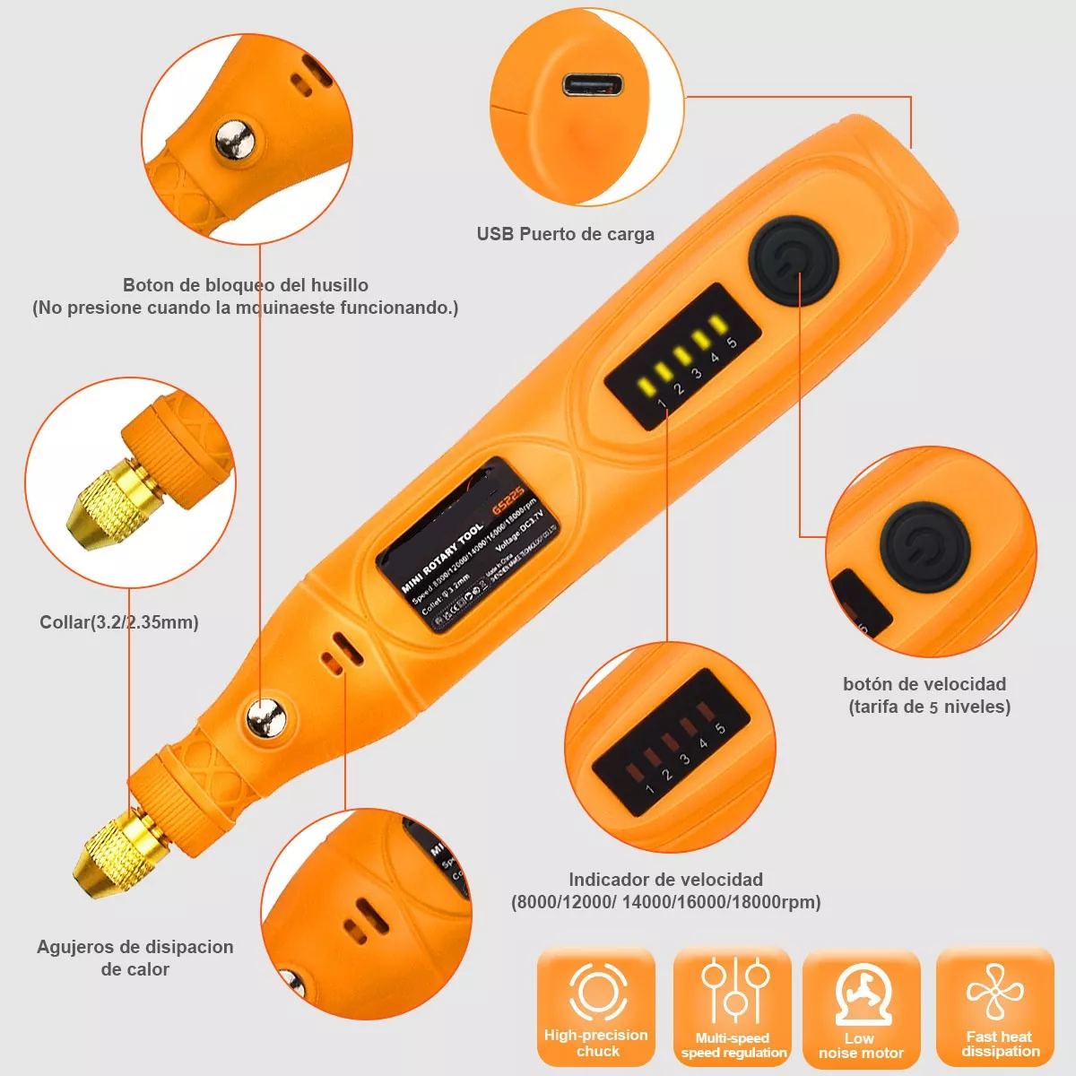 Set Mini Mototool Taladro Pulido  Accesorios Naranja