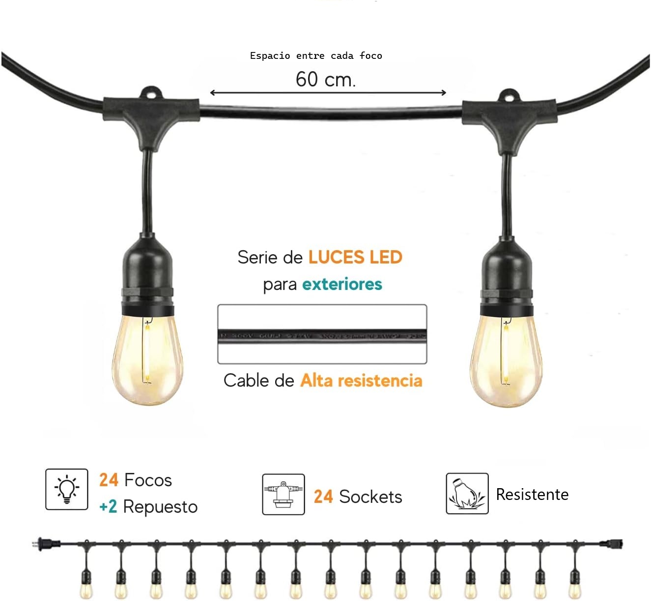Serie de Luces Led Vintage 24 focos para exterior 14.6 metros