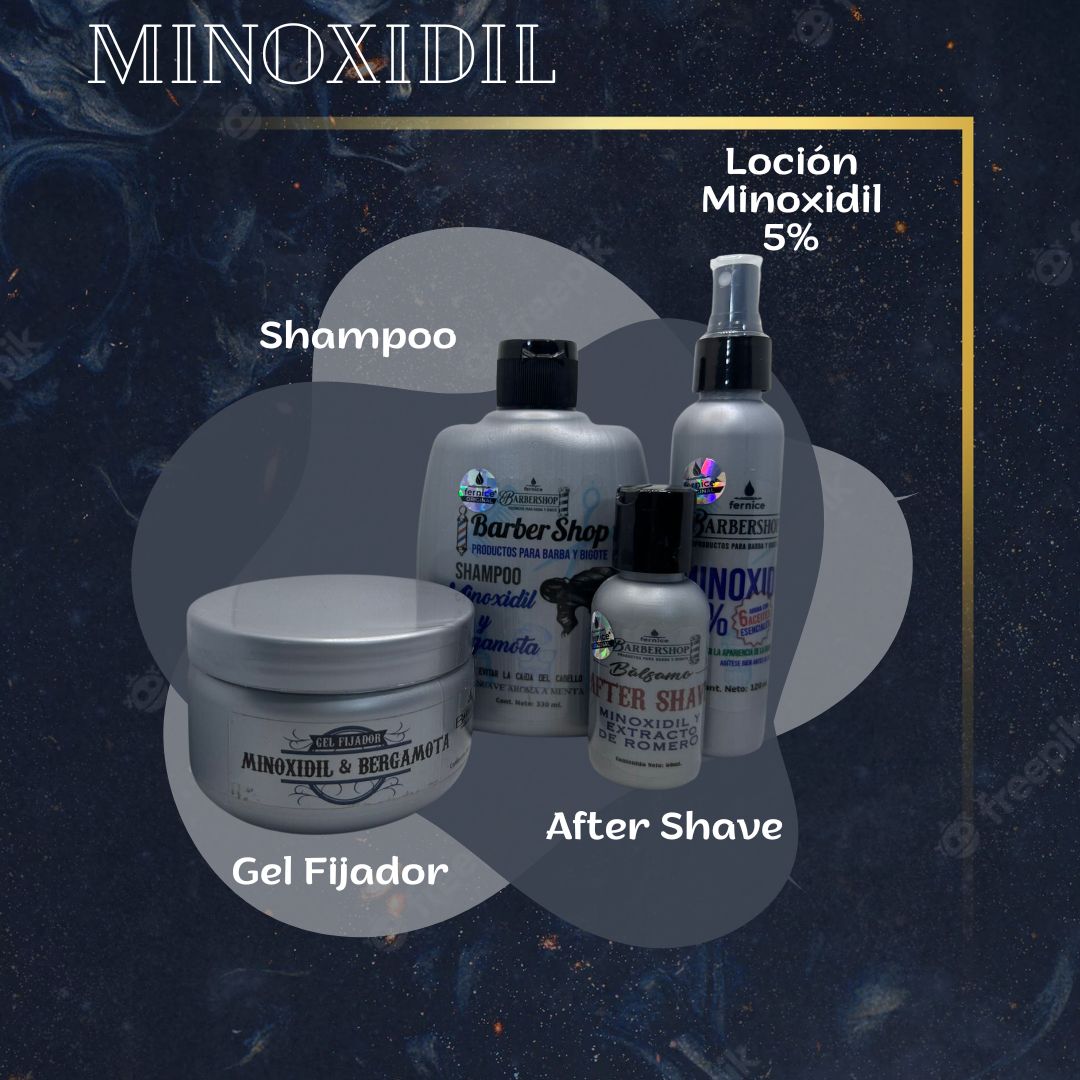 KIT CUIDADO PERSONAL DE MINOXIDIL (SHAMPOO,  MINOXIDIL 5%, GEL FIJADOR y AFTER SHAVE)