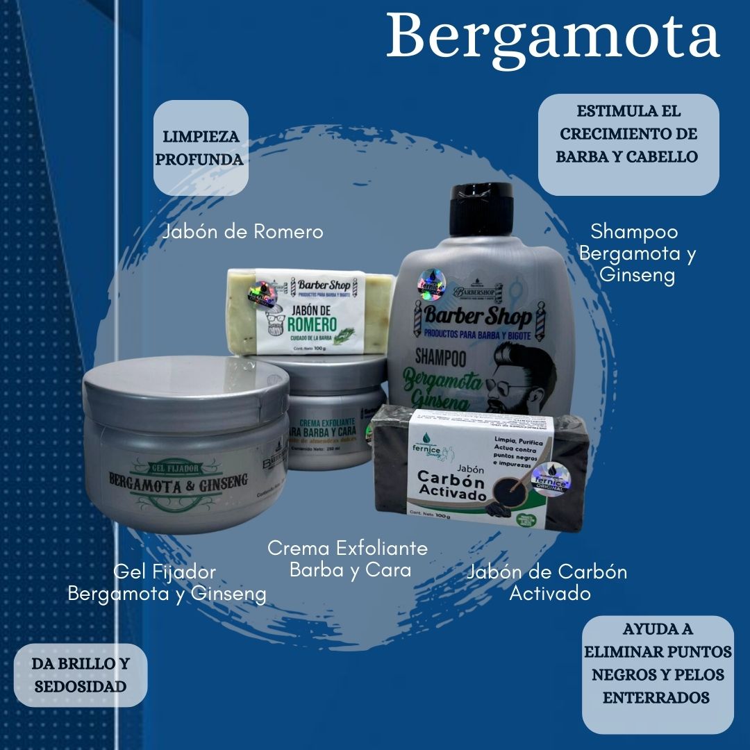 KIT CUIDADO PERSONAL DE BERGAMOTA (Shampoo, Gel, Jabon y Crema para Barba)