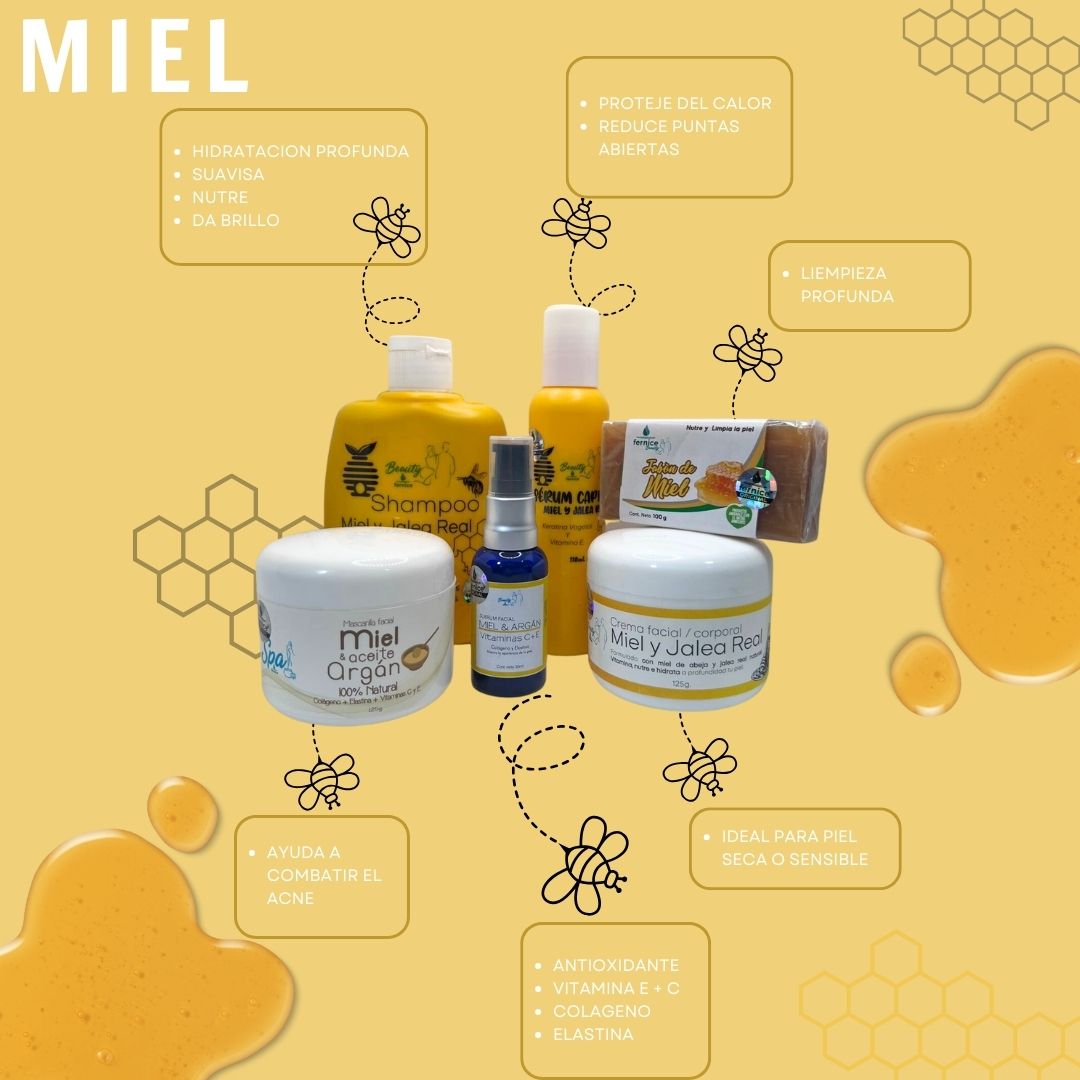 KIT CUIDADO PERSONAL DE MIEL (SERUM FACIAL, SERUM CAPILAR, CREMA, SHAMPOO, MASCARILLA Y JABON)