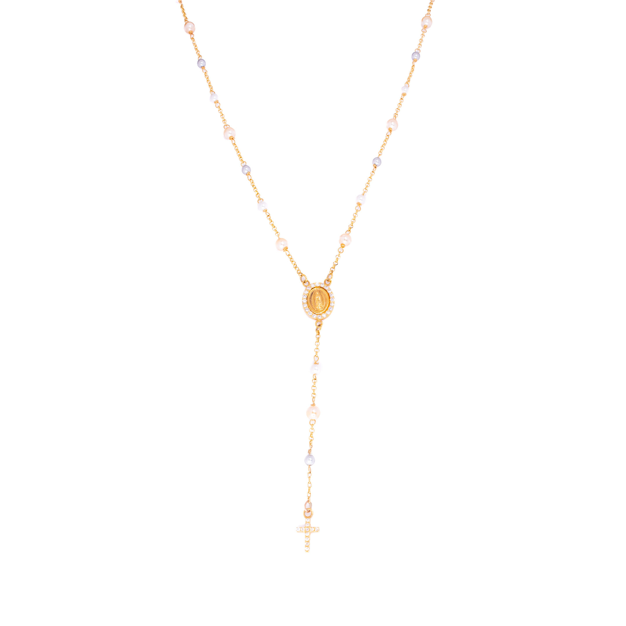 Rosario con Circonias y Perlas Oro 14 Kilates.