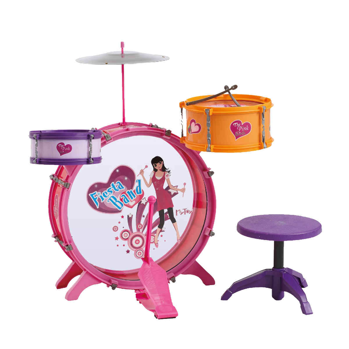 Bateria Musical Infantil Fiesta Band 3 Tambores Mytoy Rosa