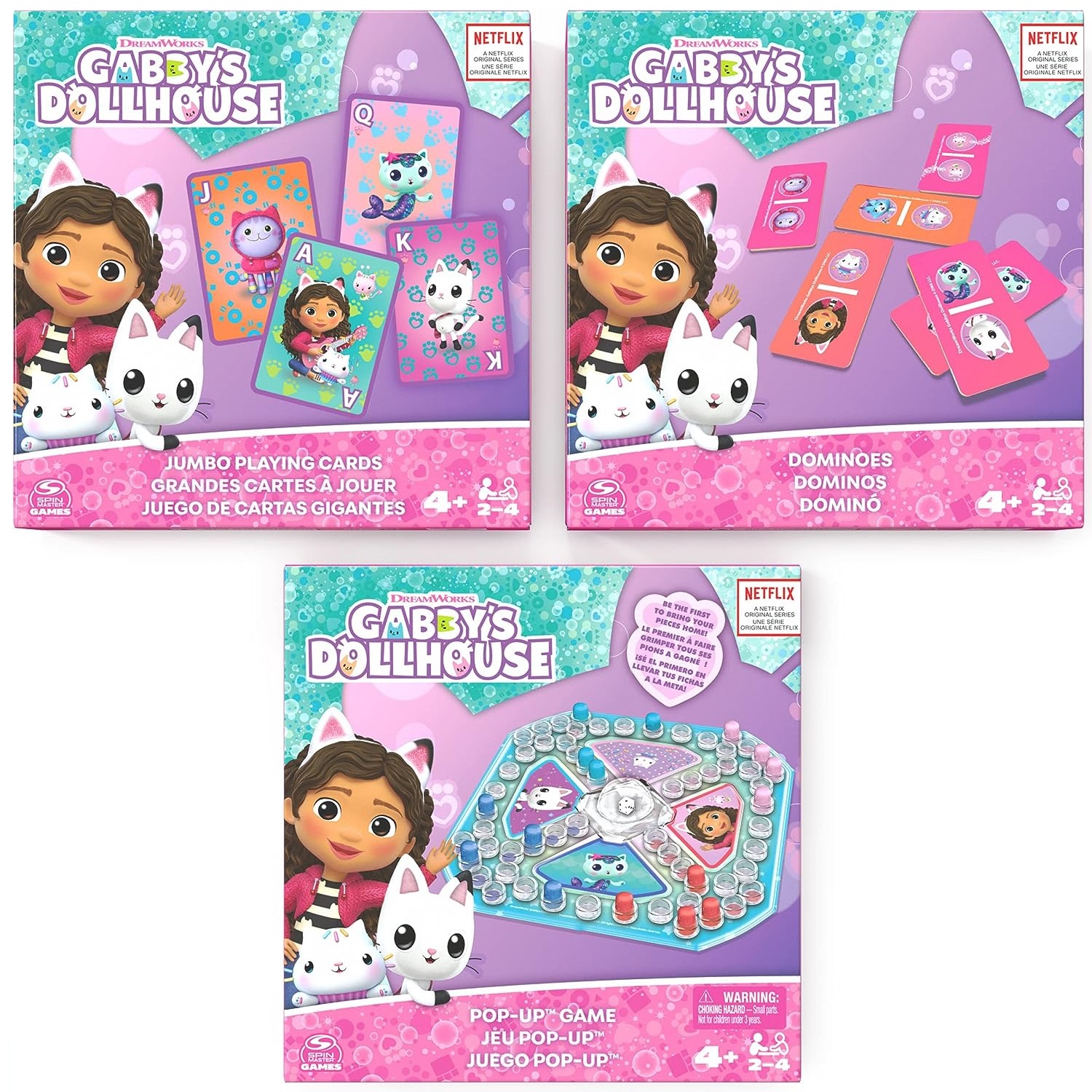 Spin Master Tres Juegos de Mesa de Gabby y la casa de Muñecos: Domino, Cartas y Pop-Up